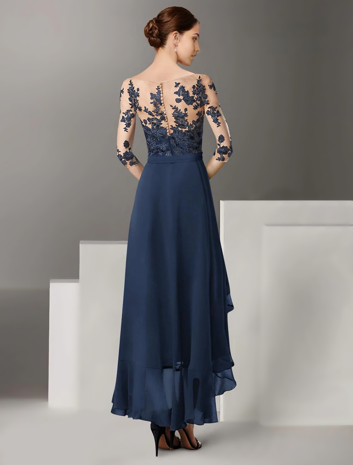 Vestido de madre de la novia de corte A, formal, para invitada de boda, elegante, alto bajo, hombros descubiertos, largo hasta los tobillos, de gasa, encaje, media manga con pliegues y apliques, talla personalizada gratis